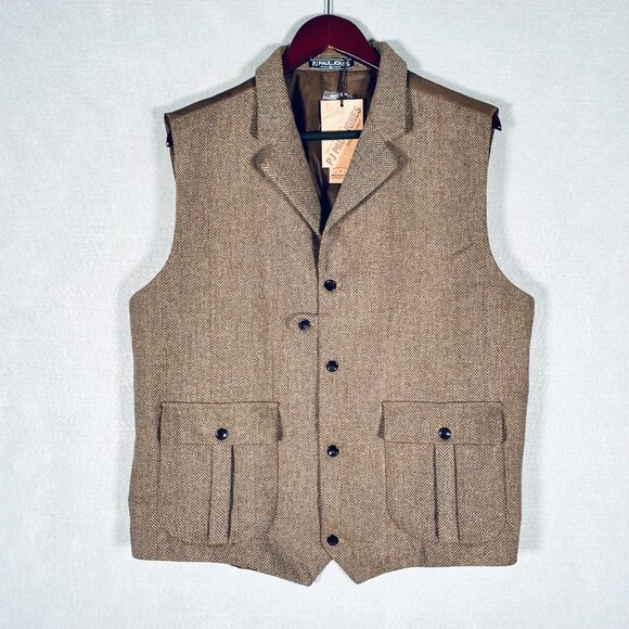 PJ Paul Jones Suit Vest Mens XL Brown Herringbone Tweed Wool Blend Waistcoat - Picture 1 of 10